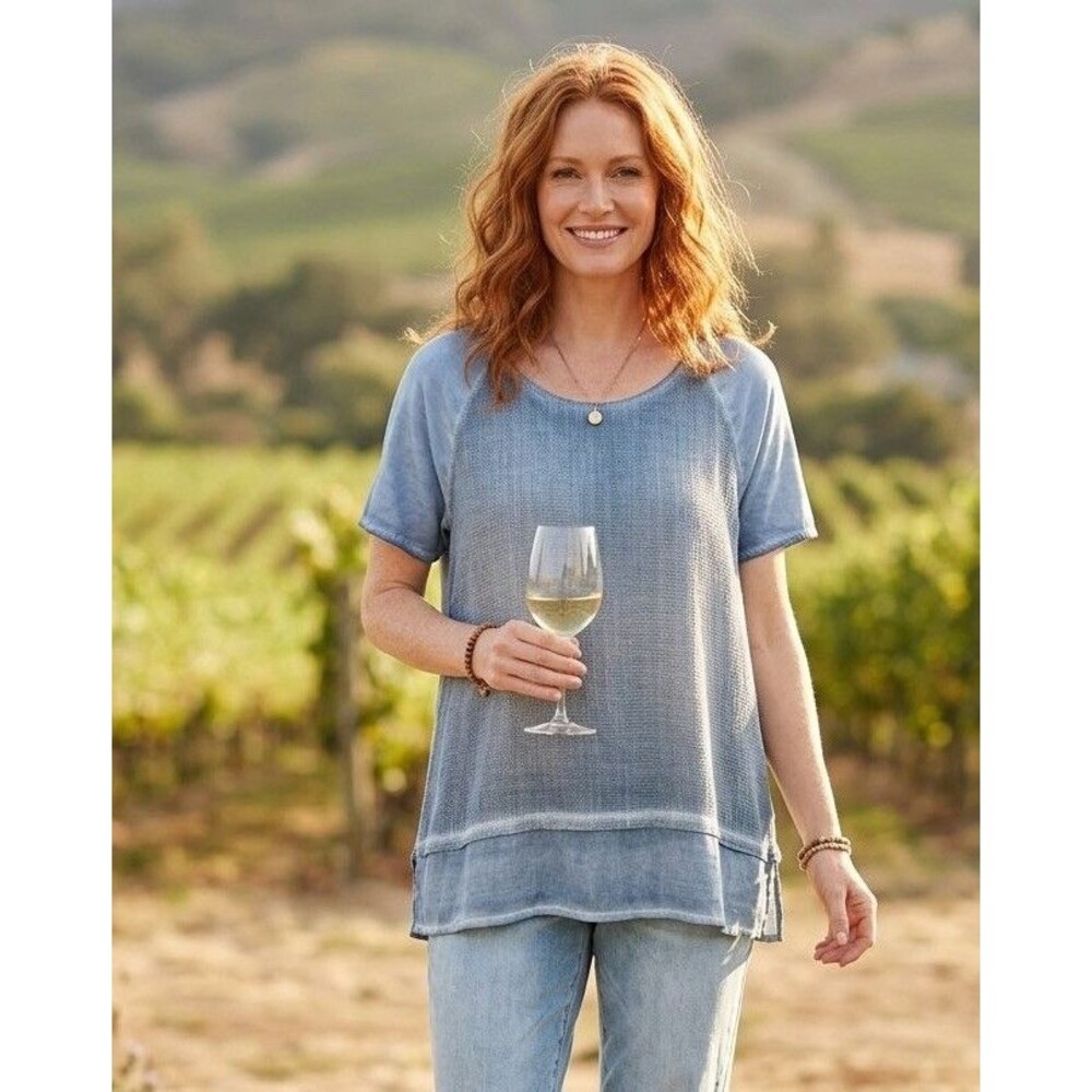 NEW Chico's 1 Top Gradient Blouse Cool Blue Stone Wash Look Boho Cotton NWOT
